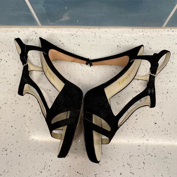 Chanel Interlocking CC Logo T-Strap Sandals 36.5 Black 2013 Lagerfeld With Box - Picture 14 of 16